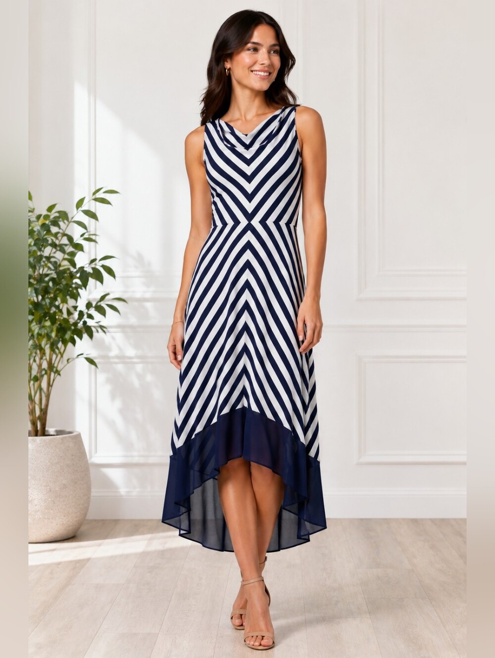 The Limited Navy and White Chevron Hi-Low Dress